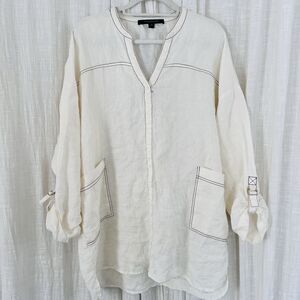 Marc New York Andrew Marc White Linen Earthy Boho Natural Tunic Blouse - Medium